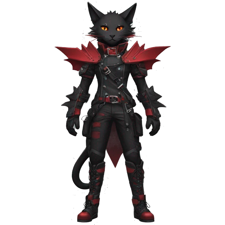 Anthro cool edgy elegant pretty black punk techwear red fantasy nargacuga-bat-cat-Fakemon collar harness warrior full body emoji