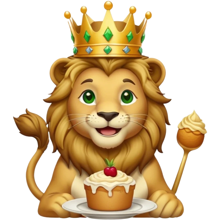 Lion wading a crown with green eyes and laughing who eats dessert   emoji