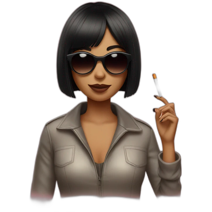 girl with black bob hair with bangs and sunglasses who is holding a cigarette emoji