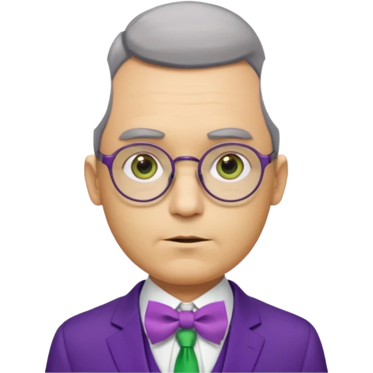 yellow-skinned man with neatly parted brown-gray hair, thick rectangular eyebrows, large round eyes behind thin glasses, a pointed nose, and a green suit with a white collar and purple bow tie. emoji
