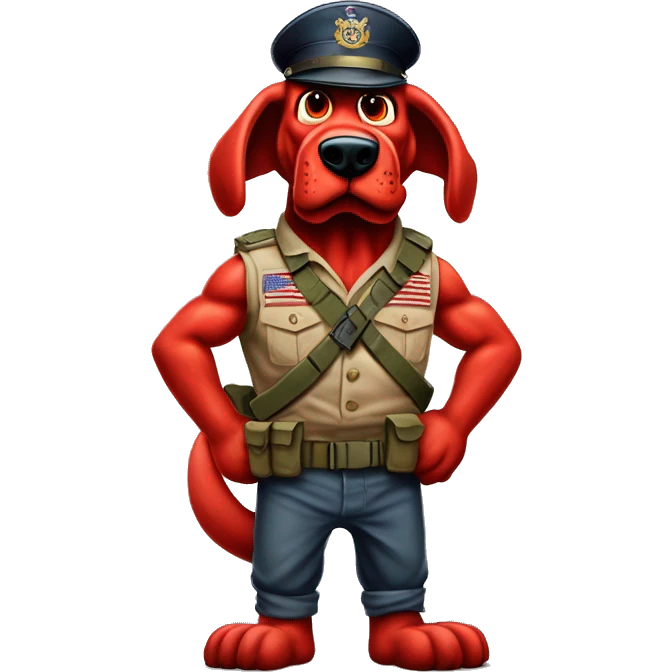 Desert storm humanoid Clifford the big red dog muscled with tattoos on arms book illustration as a military call of duty character standing alone emoji