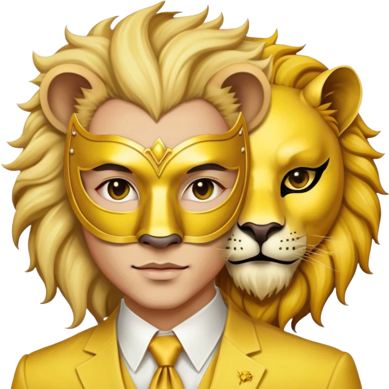 a man, with a Yellow suit,  wear half-face golden Lion masquerade mask emoji