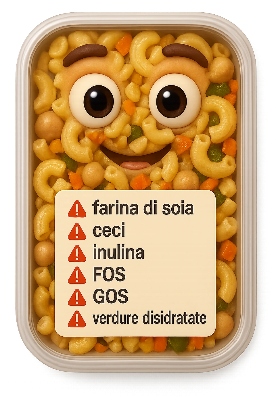SU QUESTO STILE FAI UN EMOJI STILE IPHONE 3D DI UN insalata di pasta precotta preconfezionata con ETICHETTA CON GLI INGREDIENTI SCRITTI, "farina di soia, ceci, inulina, FOS, GOS, verdure disidratate" accanto ad ogni nome scritto mettici un segnale di allarme, FALLO MOLTO REALISTICO IN 3D emoji