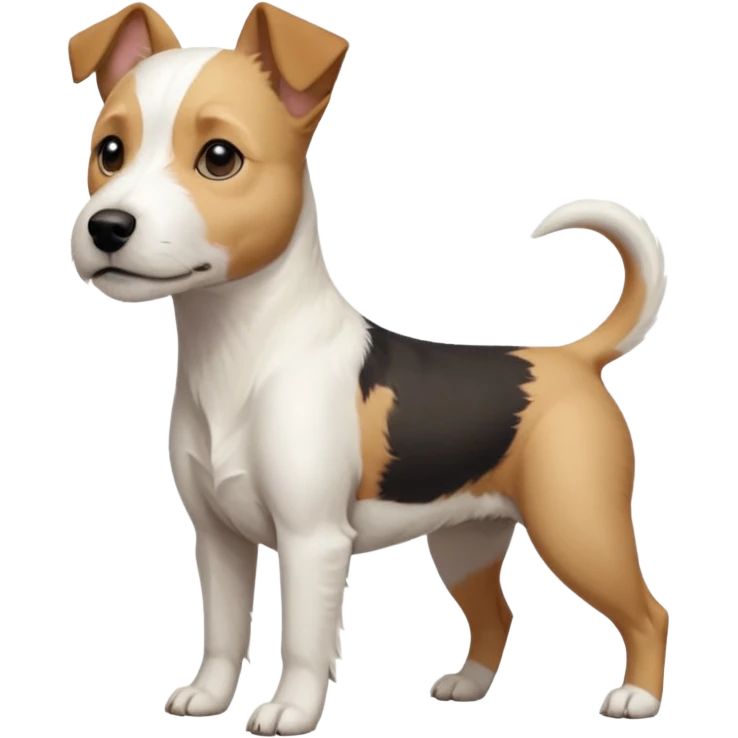 a full body facing front on of a buff white parson russell terrier looking dog the size of a kelpie with light brown long ears resting on its face and a light brown patch on one eye and a large snout. the rest of the dog is completely white.  emoji