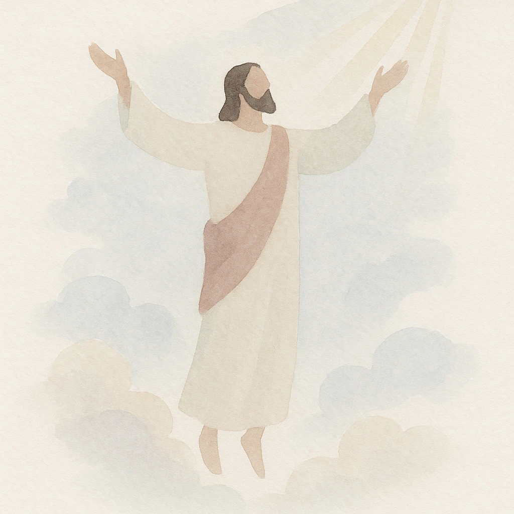 Ascension Day, Jesus ascending into the sky with clouds and rays of light, peaceful and uplifting, watercolor art style emoji