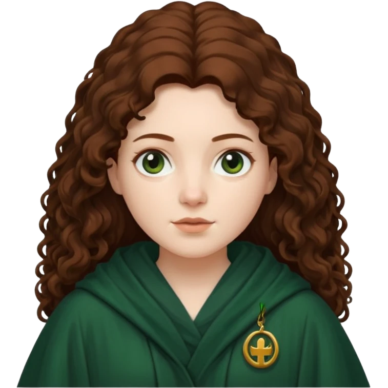 A white woman, a little heavier face, with long dark auburn hair robed and hooded like she's a Traitor in the tv show The Traitors. her hair is slightly curly, but kinda frizzy, not with defined curls, and the robe is a very dark green color emoji