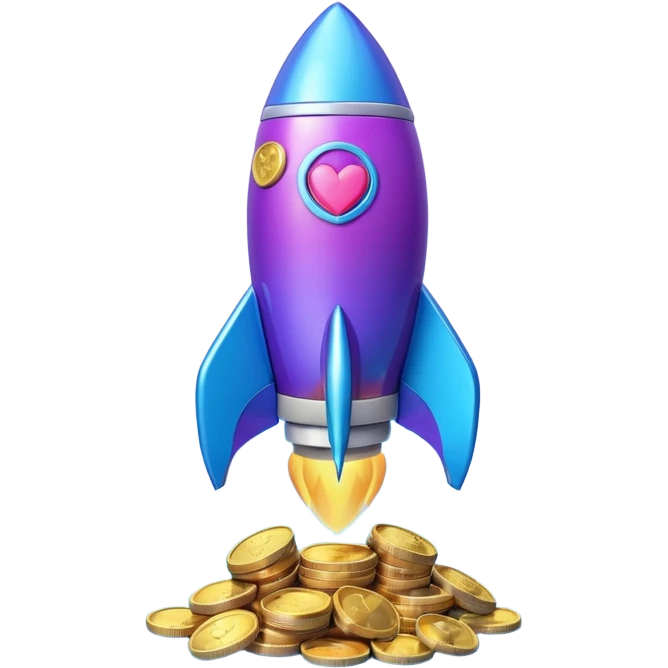 3D rocket with coins and hearts, purple blue gradient, glossy, transparent background emoji
