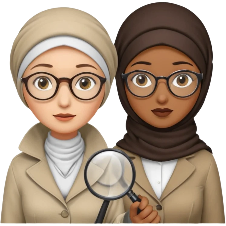 one white woman with hijab and glasses detective + one black woman without hijab and glasses detective  hand lens in one hand, hat etc emoji