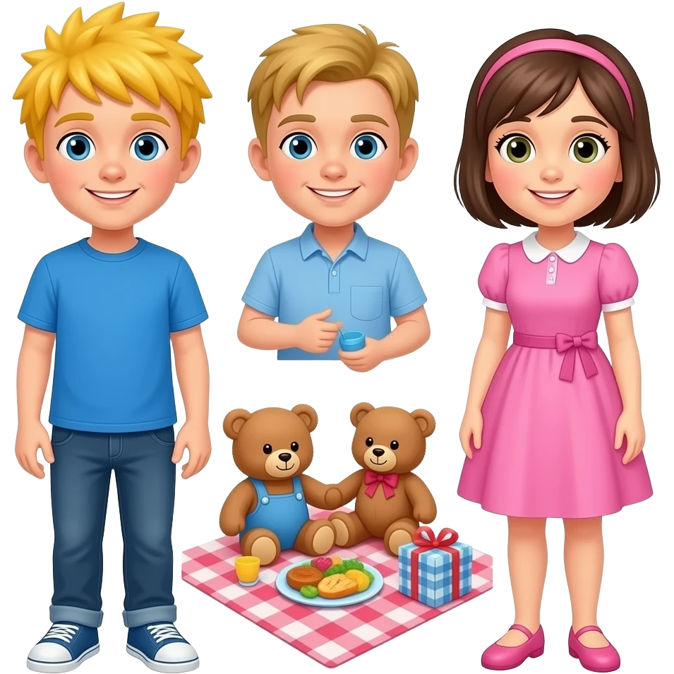 Teddy Bears picnic kiboomers boy with yellow spiky hair and blue shirt mummy with pink dress and bears picnic emoji