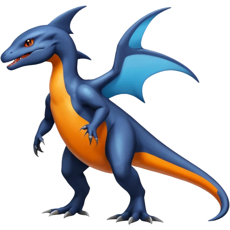 Shiny Black Koraidon-Latios-Salandit-Fakémon-hybrid-creature (full body) with orange belly emoji