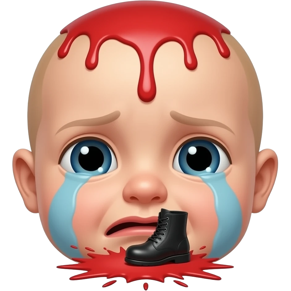 Crying baby with red paint running down face from top being kicked with a black boot with red explosion where the boot touches the kid emoji