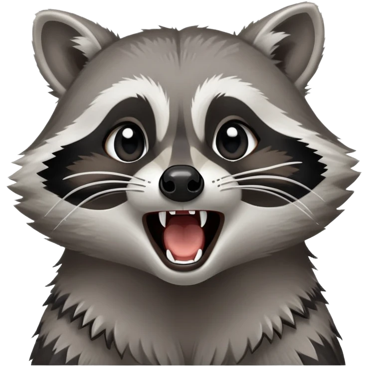Cinematic-Noble- Yawning Raccoon-Portrait-Emoji – Poised and confident, wide-open yawn, revealing a soft grey with a sturdy build and a beautifully textured fur of silver-grey accented by dark black facial markings, deep-set, big black eyes, simplified yet sharp and sophisticated zoom out to show shoulders emoji