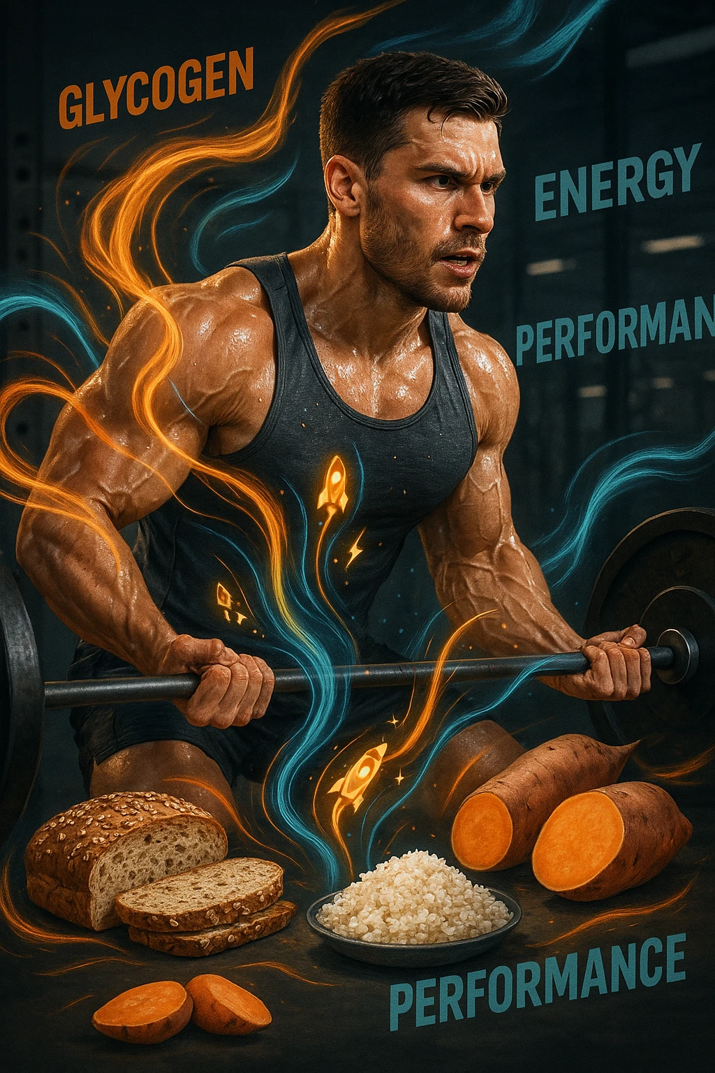 Uomo atletico di circa 30 anni durante un allenamento intenso in palestra, con muscoli ben definiti e sudati. Intorno a lui si visualizzano flussi energetici colorati che partono da fonti di carboidrati (pane integrale, riso, patate dolci) e si dirigono verso i suoi muscoli. I muscoli appaiono attivi, tesi e in pieno sforzo, con piccoli simboli di 'carburante' o energia che entrano nei tessuti. Espressione concentrata e potente. Sullo sfondo, parole come 'glicogeno', 'energia', 'prestazione'. Atmosfera dinamica, intensa e positiva. emoji