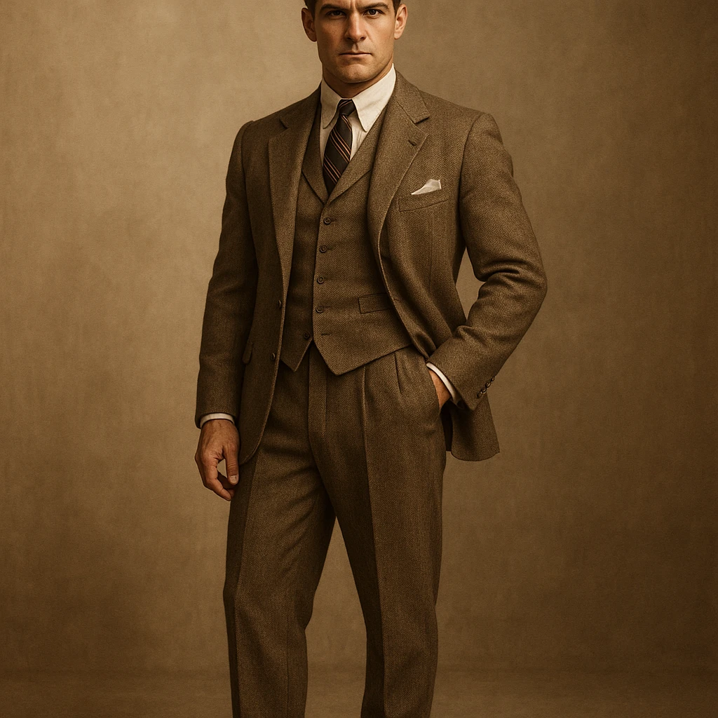 Tom Buchanan, full body, wearing a vintage suit, strong jawline, standing confidently, 1920s upper class emoji