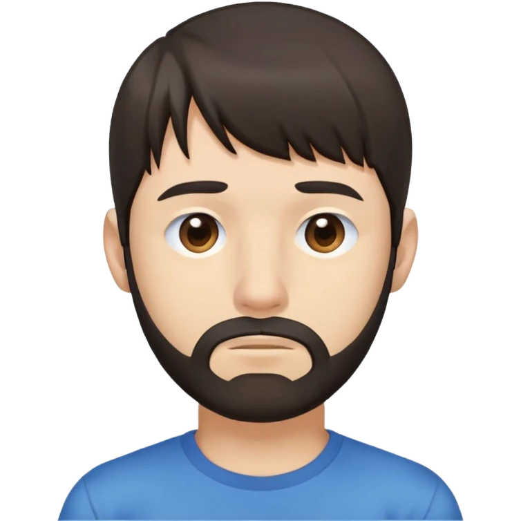 Man with longer dark brown straight hair past ears with bangs, short beard covering whole face, neutral expression, basic blue t-shirt emoji