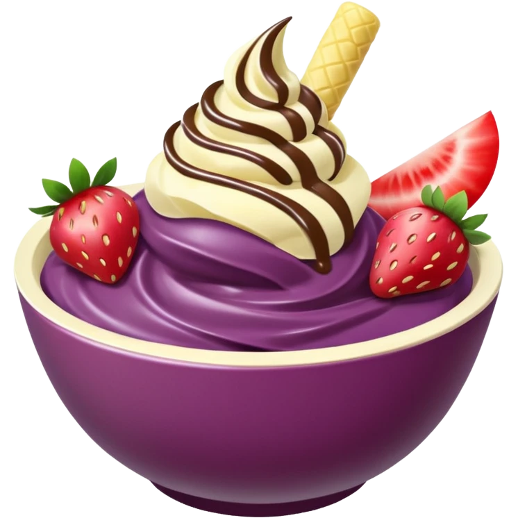 acai purple soft serve in a bowl strawberries and chopped banana emoji