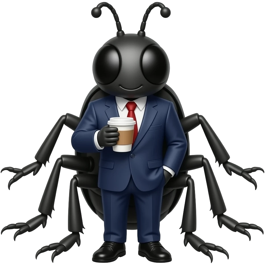 Bug with a suit on and coffee emoji