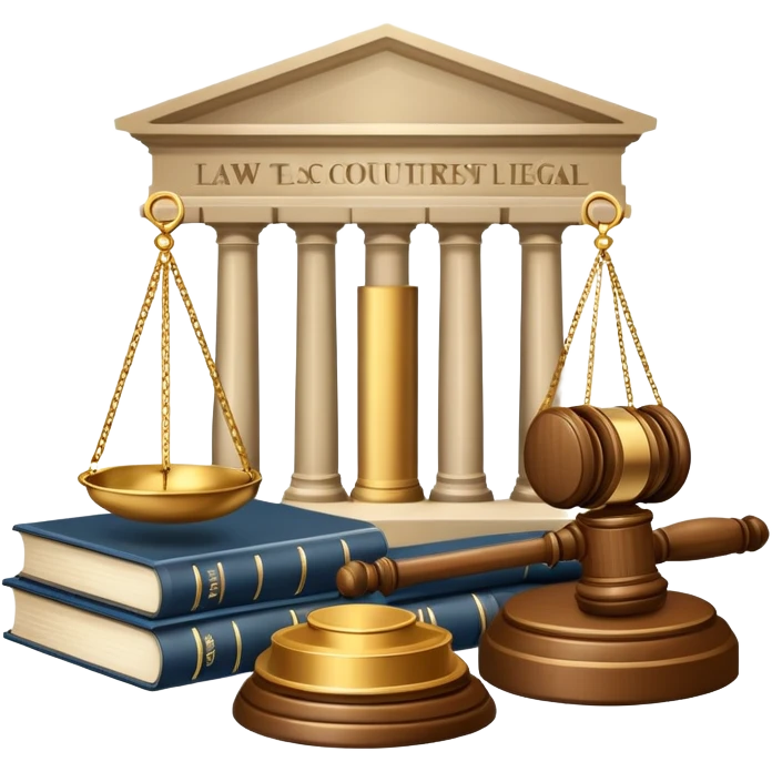 An icon featuring scales of justice, a gavel, and a legal book, symbolizing the study of law. The design includes courthouse pillars in the background, representing authority and legal systems. Transparent background highlights the principles of justice, order, and legal education. emoji