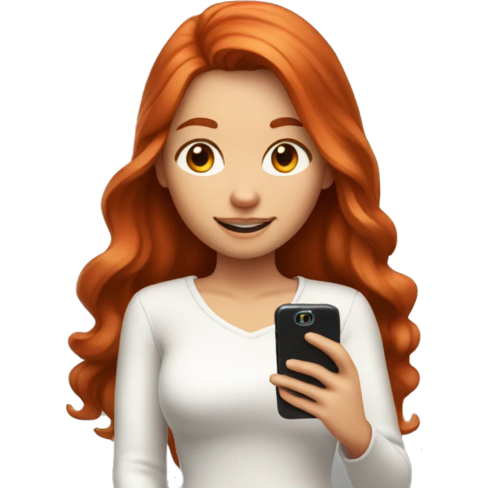 21-Year girl taking selfie in front of mirror. She has red hair, white cloth. She has phone in her hand. Phone has brown case. emoji