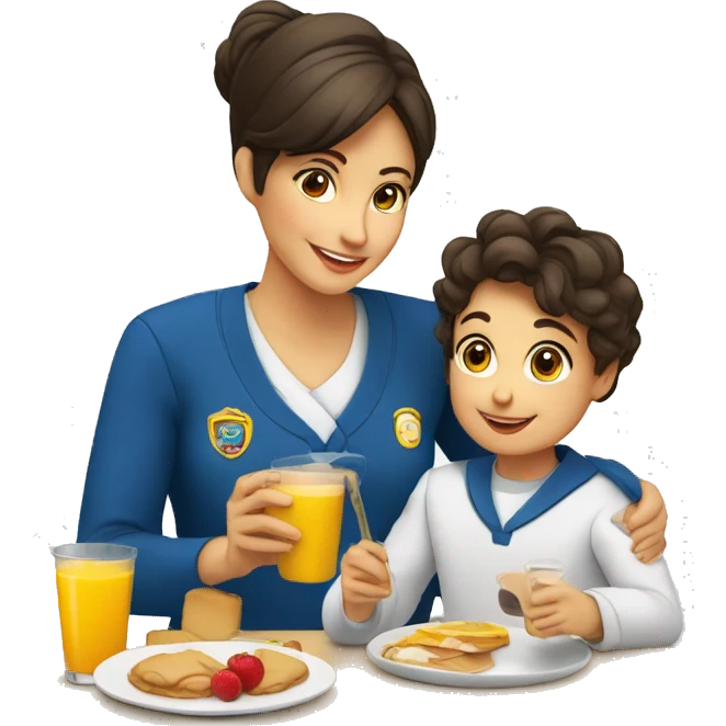 mama e hijo desayunando con uniforme escolar emoji