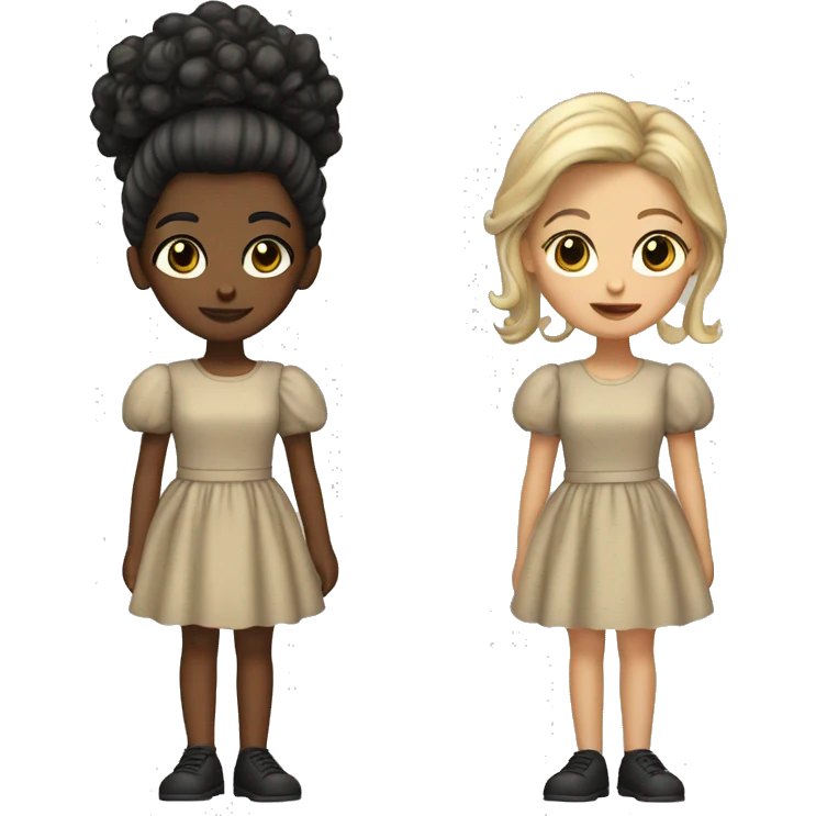 Girl with split died hair black and blonde with brown eyes a poofy sleeves an dress saying k-12 emoji