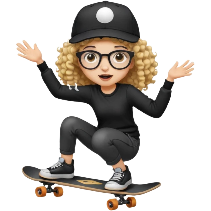 ["An excited girl with light skin, curly hair, wearing a baseball cap and square glasses, dressed in goth fashion, is skateboarding while holding a camera."] emoji