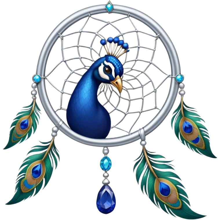a Silver Dreamcatcher with sapphire-stones and emerald-stones, and with peacock-feathers emoji