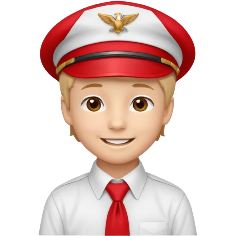 A Soviet pioneer emoji — smiling young boy wearing a bright red tie (pioneer neckerchief) and a red pilotka cap. White shirt, neat and cheerful, minimal flat emoji style, simple colors, clear outlines, professional emoji design. emoji