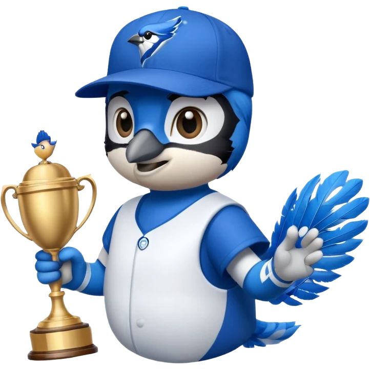 blue jay wearing blue jay baseball hat, holding trophy in left hand emoji