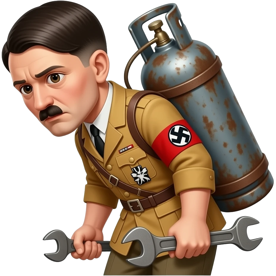 hitler carrying a rusty gas cylinder - the old school one we used to connect to ovens,normal height ones not the extra tall ones- on his back while leaning a little forward, holding the cylinder on his back with one hand, and holding a wrench on the other hand emoji