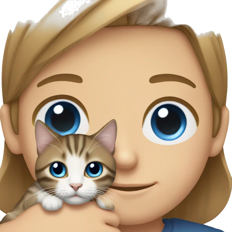 Long Brown hair girl with brown eyes, and blond white man, blue eyes holding tabby cat  emoji