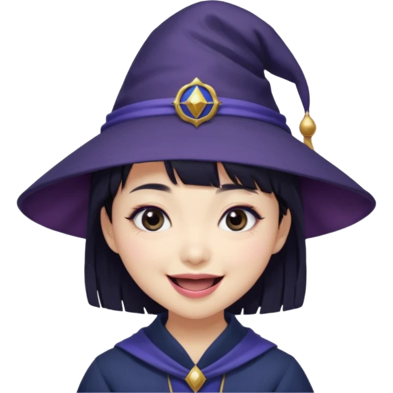 An Asian short-haired girl with short raven hair and bangs, with heterochromia eyed, eyeliner, and laughs with a tiny fang of mauve-toned lipstick, wears a dark navy wizard hat with an emblem on it. emoji