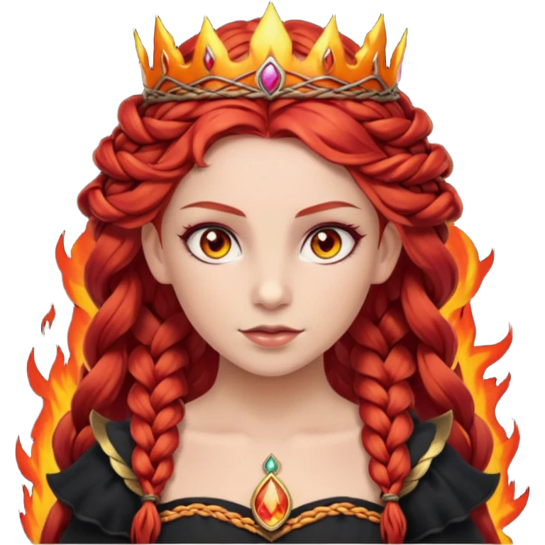 braided hair fire princess with dark crown, red hair emoji