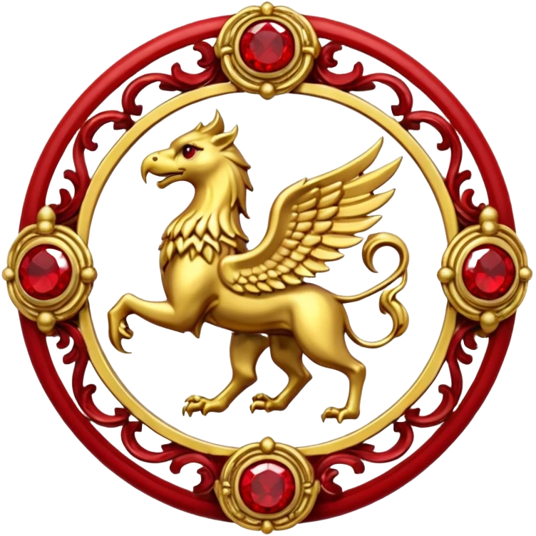 Golden griffin crest / brosch in a circle with red gems and no background emoji