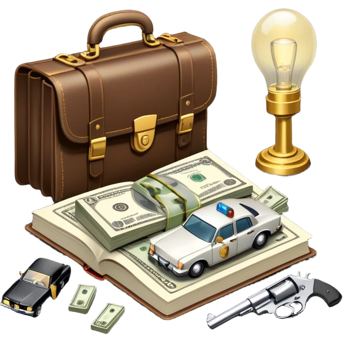 Icon for Action & Crime Reading: an open book with dramatic crime scenes—bullet holes on pages, a detective badge, a revolver, and a getaway car. Surrounding elements include a briefcase with cash and a flickering streetlight. Transparent background. emoji