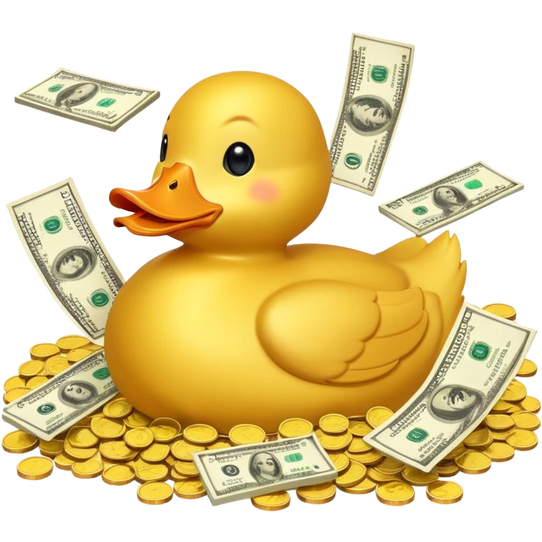 Yellow duck swimming in a pile of gold coins and dollar bills emoji