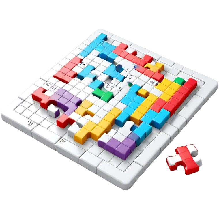 A photorealistic icon with a colorful, fragmented crossword magazine, a 3D puzzle, and a partially completed puzzle on a table. Bright, detailed design with realistic lighting. Transparent background, clearly symbolizing puzzles and brain games. emoji