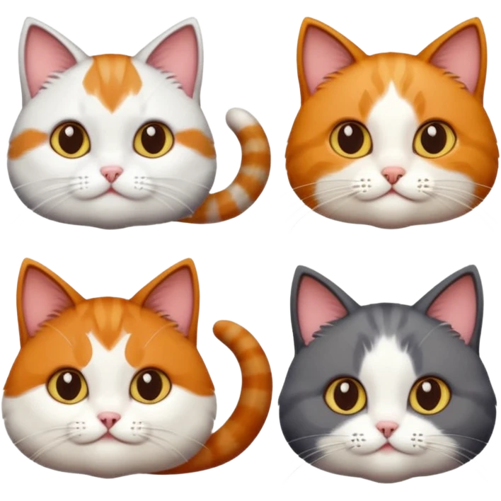 4 different coloured short haired cats including; a dark brown and white cat, and a dark grey and white, and a calico emoji