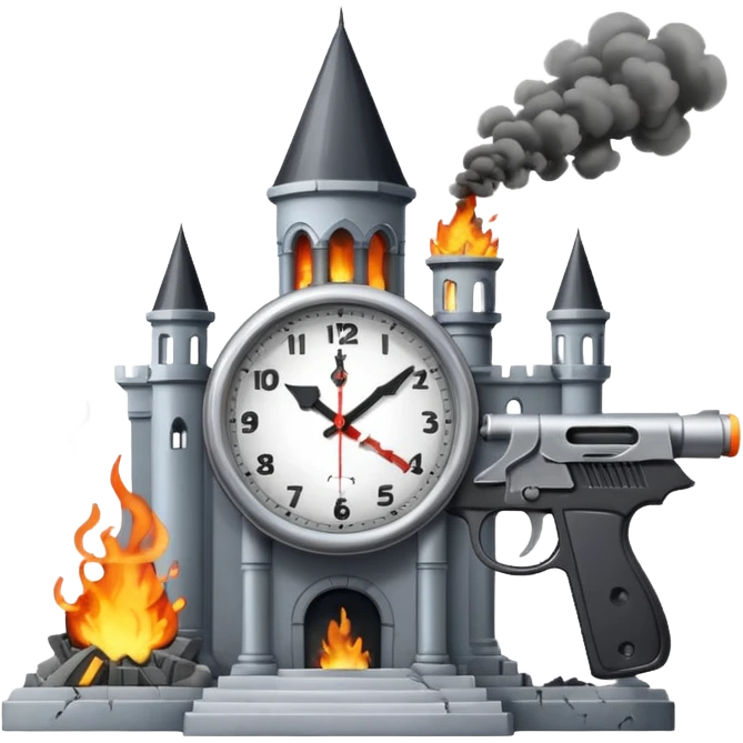 A clock showing 38 minutes, with a smoking gun and a destroyed palace in the background emoji