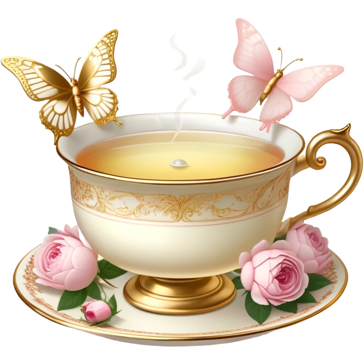 A charming, softly lit evening tea scene, where an ornate golden tea strainer rests atop a delicate ivory teacup filled with rose-infused tea, fresh blush roses and white peonies scattered around, while a pearl butterfly hovers above the steam.
 emoji