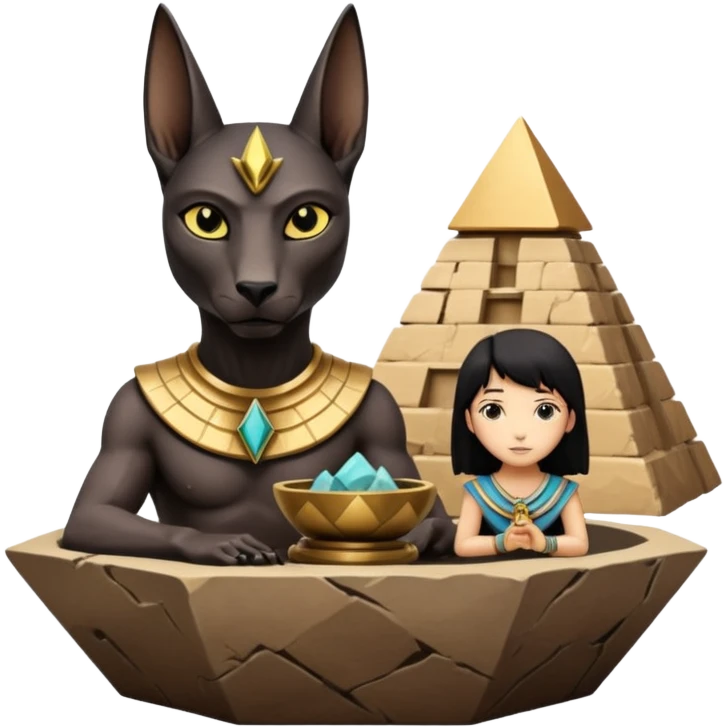 Kindly alien Protecting silky black-haired tiny statuette scale Anubis and pyramid scenery stone-age cracked irregular dodecagon bonsai pot  emoji