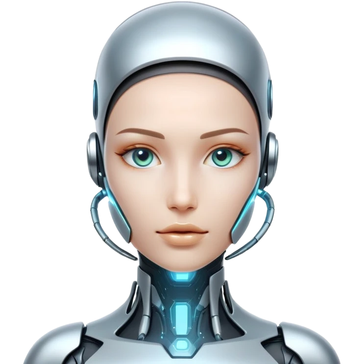 Futuristic human with metallic cybernetic enhancements, digital interface on face, holographic display emoji