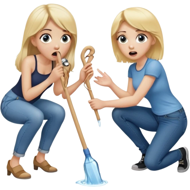 blond woman sitting on her knees with wide eyes, another man in jeans is staying (not sitting) on her left, she's holding a wide skin-colored stick with a D-shaped knob, the stick and the nob have skin texture, water squirting from the knob into her mouth, shocked face emoji