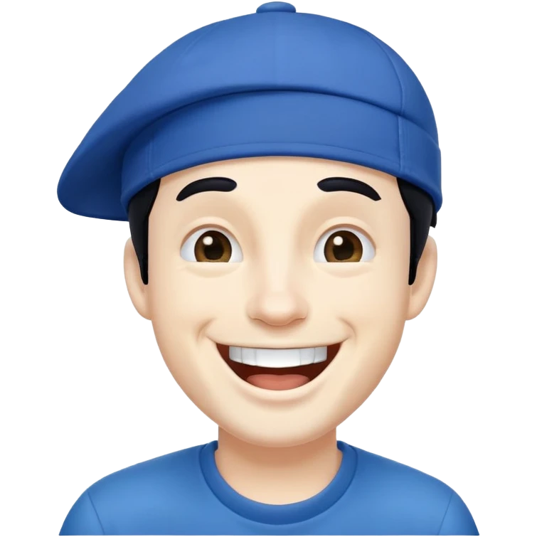 man with black hair and white skin wearing a blue cap hat, laughing emoji