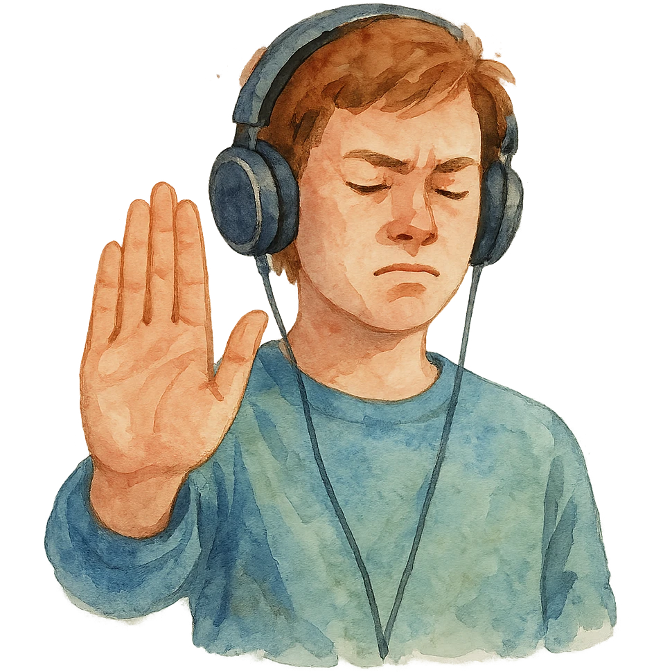 watercolor style person in headphones showing a refusal sign emoji