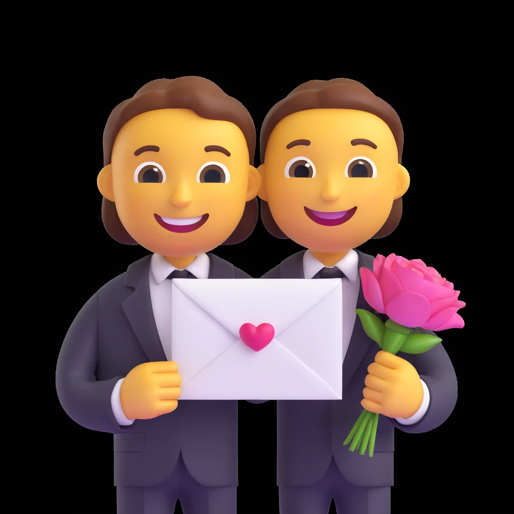 apple-style 3D emoji character holding a wedding invitation with both hands, cute and minimal, soft shadows, white background, high-resolution, emoji face smiling gently, pastel color palette emoji