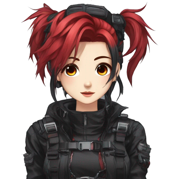 Gorgeous techwear anime style lady with blushing face aesthetic and pretty edgy black red punk hair with messy hair and collar  and harness trending style emoji