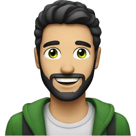 nice man with green eyes, black hair, beard and smiling emoji