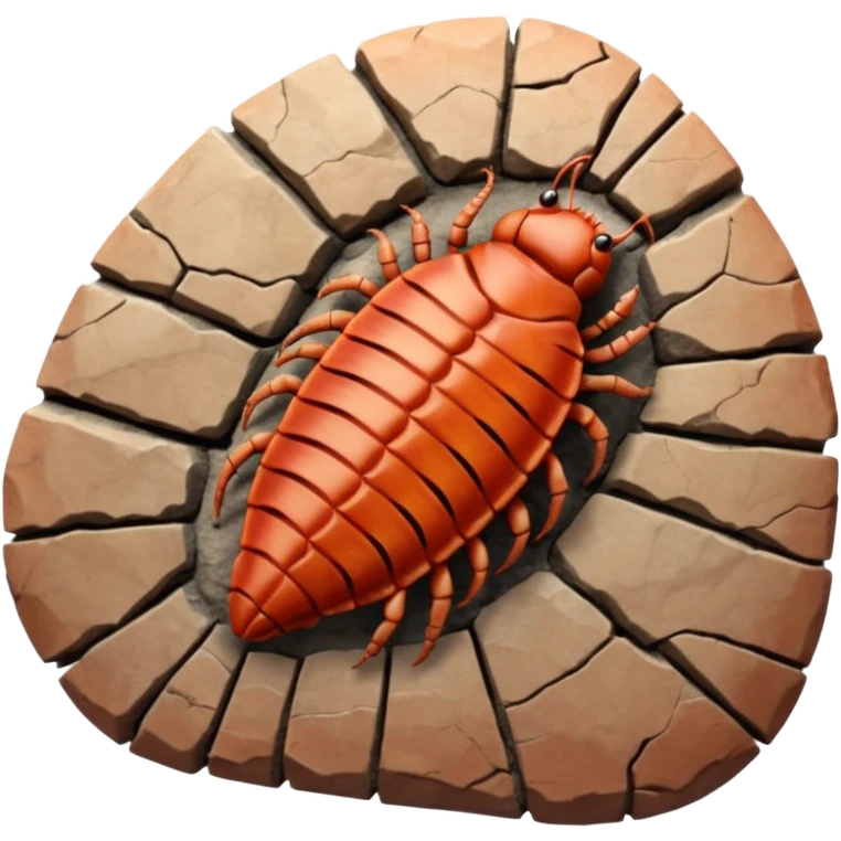 3D render of Trilobite, embedded in a chunk of rough sedimentary rock, cracked stone texture, ancient fossil aesthetic, fossilized in reddish sandstone rock, matte dry finish, Apple emoji style, isolated on white background --v 6.0 emoji