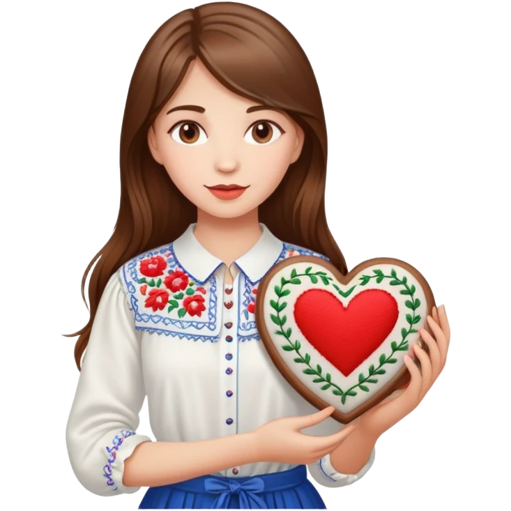 Beautiful young girl with brown hair in a white Ukrainian embroidered shirt holding a large embroidered heart emoji